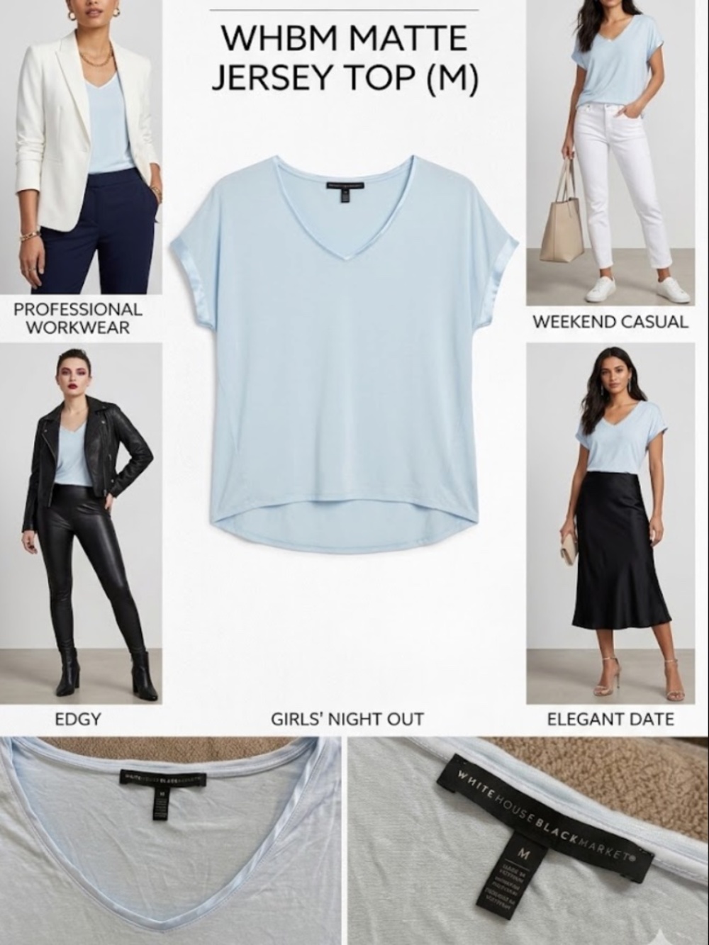 WHITE HOUSE BLACK MARKET Light Blue Satin Trim Top - Size M - Matte Jersey